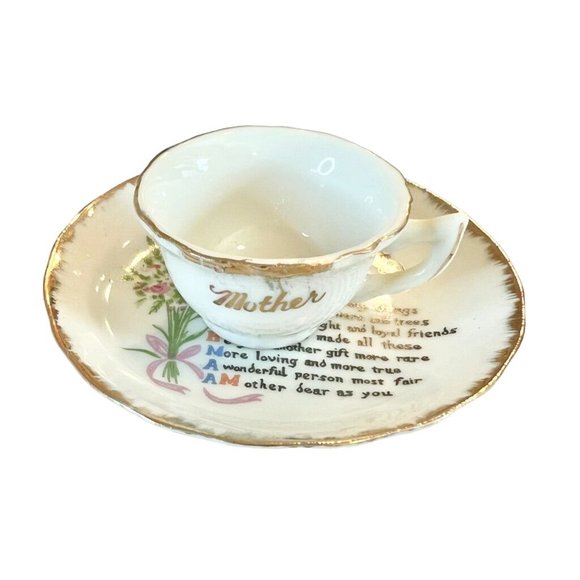Miniature Vintage Porcelain Cup & Saucer “Mother” w/ Poem Japan - Picture 1 of 4